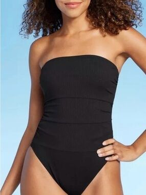 Shade &Shore Shirred Ribbed Bandeau Cheeky OnePiece Swimsuit w/removable straps